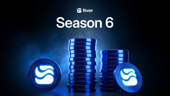 Promotional graphic for River Season 6, featuring stacks and coins branded with the River "S" logo on a dark blue background, encouraging viewers to accumulate $River points to participate in the new season.