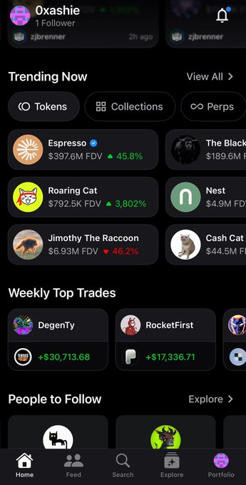 A mobile screenshot of OpenSea's app displaying trending tokens like Espresso ($397.6M FDV, +45.8%) and Roaring Cat ($792.5K FDV, +3,802%), weekly top trades including DegenTy (+$30,713.68) and RocketFirst (+$17,336.71), and a navigation bar with Home, Feed, Search, Explore, and Portfolio tabs—showcasing the platform's multi-chain trading interface highlighted in the post.