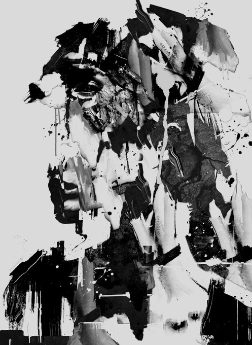 A black and white abstract artwork featuring heavy black ink splatters, drips, and textured brushstrokes layered over a white background, creating a chaotic and moody composition.
