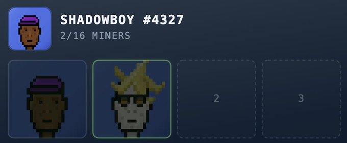 A digital interface displays a profile for "SHADOWBOY #4327" with "2/16 MINERS" indicated, showing pixel art character images in slot 1 and another character with a crown in slot 2.