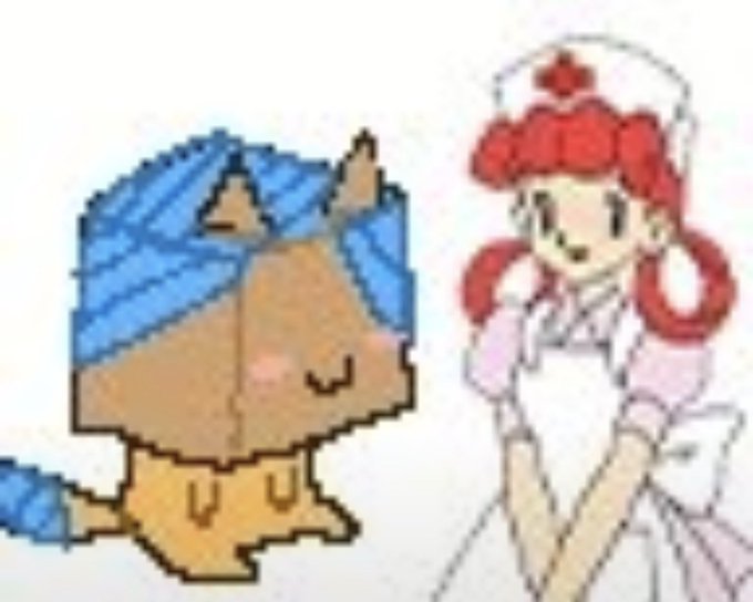 A hand-drawn illustration showing an orange cat-like creature with a blue hood or sleeping bag on the left, and a pink-haired nurse character wearing a white nurse cap with a red cross on the right.