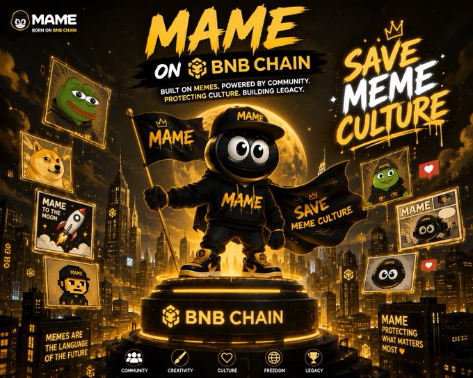 Promotional graphic for the meme coin MAME on BNB Chain, featuring a cartoon character in a hoodie and cap holding a flag, with the tagline 'SAVE MEME CULTURE'.