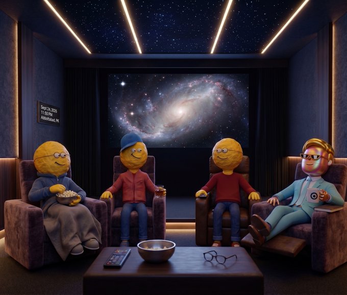 Four yellow emoji-like characters with human bodies sit in a home theater watching a galaxy on the large screen, with one holding popcorn and another wearing a lab coat. A small display shows "Sat 24, 2026 11:05 PM Minimalist, OK".