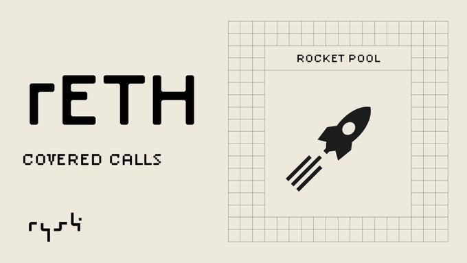 A graphic promoting rETH (Rocket Pool ETH) covered calls on Rysk, featuring the "rETH COVERED CALLS" logo alongside a framed Rocket Pool logo with its iconic rocket icon, visually reinforcing the post's announcement that rETH can now be used as collateral to earn premium while continuing to accrue staking rewards.