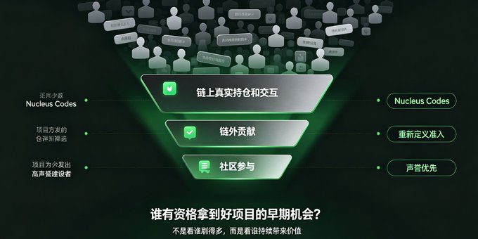 A green-themed infographic in Chinese with a funnel diagram showing '链上真实持币和交互' (On-chain real holdings and interactions), '链外贡献' (Off-chain contributions), and '社区参与' (Community participation), with text at the bottom reading '谁有资格拿到好项目的早期机会？' (Who is qualified to get early access to good projects?).