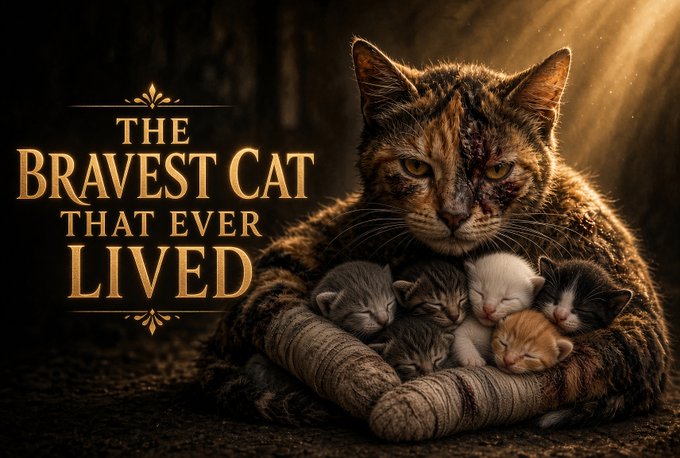 A dramatic, movie-poster style image featuring a battle-scarred mother cat protectively cradling five sleeping kittens, with the gold text 'THE BRAVEST CAT THAT EVER LIVED' on the left.