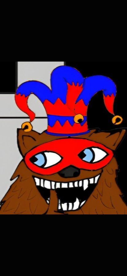 A digital illustration of a brown bear with sharp teeth, wearing a red domino mask and a red and blue jester hat with bells.