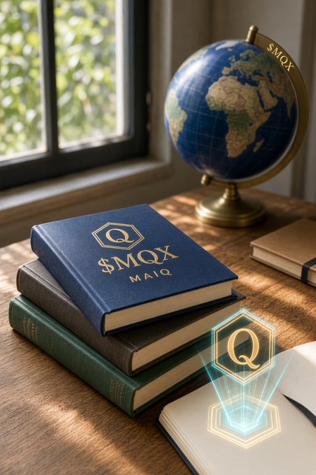 An AI-generated scene depicts a stack of books beside a globe on a wooden desk, with one book titled 'SMQX MAIO' featuring a hexagonal 'Q' logo.