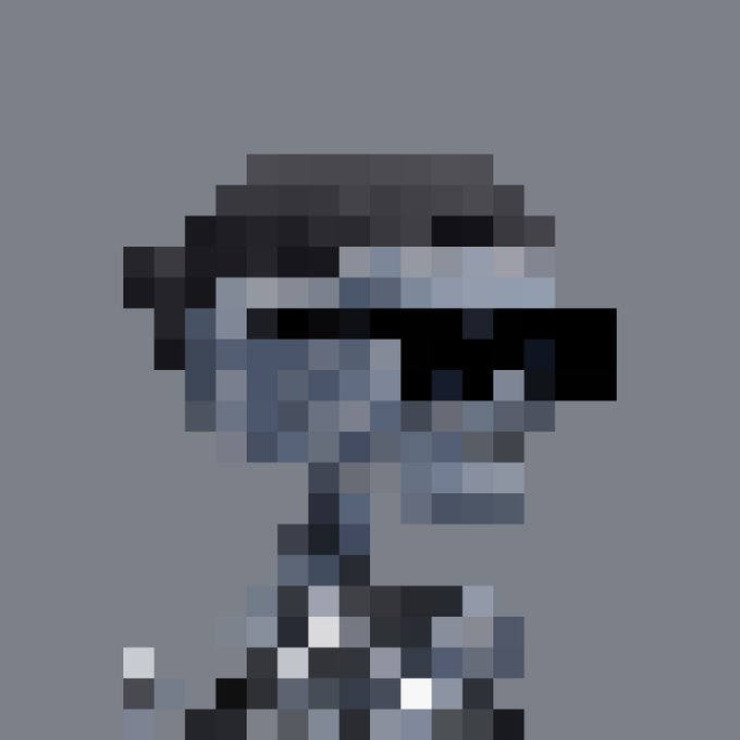 A heavily pixelated blue and black character, possibly an Inkling from Splatoon, is shown against a solid blue-gray background.
