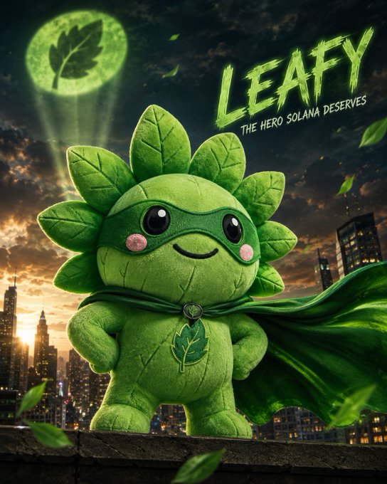 A charming green plush hero character with a leafy cape stands triumphantly atop a rooftop at sunset, with a glowing leaf emblem in the sky behind it. The text reads "LEAFY - THE HERO SOLANA DESERVES," aligning with the post's theme of $leafy arriving as a heroic figure to save and uplift the Solana community.