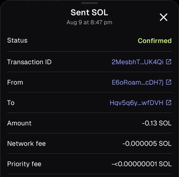 A screenshot of a confirmed Solana transaction showing 0.13 SOL sent from wallet E6oRoam...cDH7i to Hqv5q6y...wfDVH on August 9 at 8:47 pm, serving as payment proof to giveaway winners @Ade_053, @Cielkyuu, @_Shemzy_, and @deny041020.