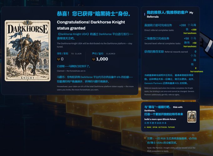 The image shows a webpage congratulating a user on obtaining "Darkhorse Knight" (暗黑骑士) status, offering 1,000 horsepower and 0.009 in claim rewards, with reference bonuses for inviting new users to the Darkhorse platform. The accompanying post humorously reflects on missing an earlier opportunity ("RGB") and the user's determination not to miss this new chance to engage with a similar platform.