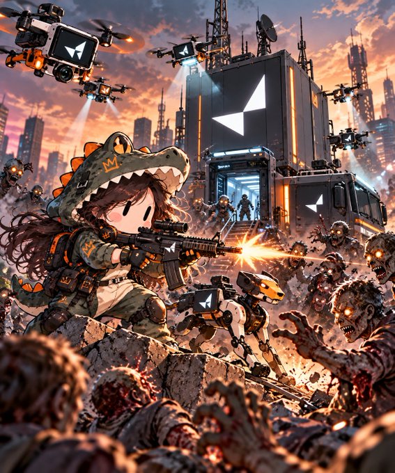 A vibrant, stylized digital illustration depicting a chibi-style character in a dinosaur hood wielding an assault rifle while fighting off zombies, accompanied by robotic dogs and drones in a futuristic cityscape.