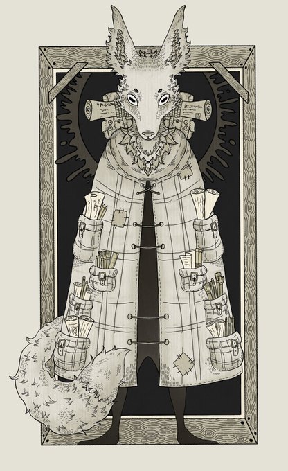 An intricate black and white illustration of an anthropomorphic rabbit or fox character wearing a long coat with many pockets holding brushes and pencils, with a bushy tail visible.