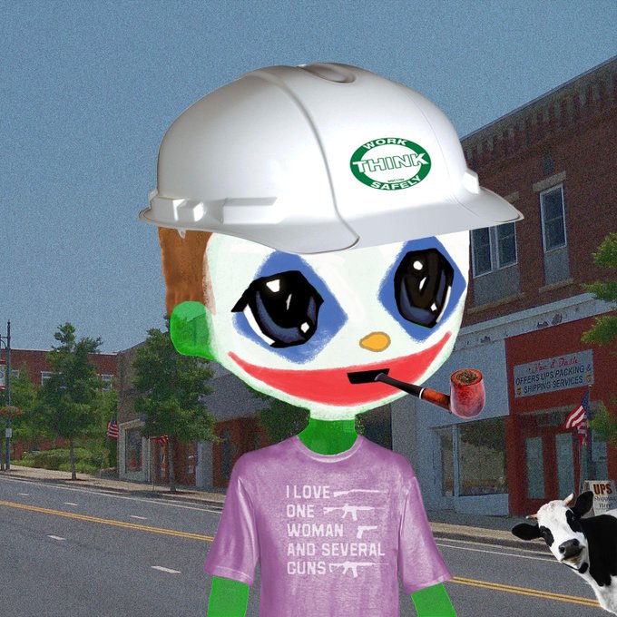 A surreal digital collage features a cartoonish clown-headed figure wearing a white 'Work Think Safely' hard hat and a purple shirt reading 'I LOVE ONE WOMAN AND SEVERAL GUNS', smoking a pipe on a small-town street with a cow in the background.