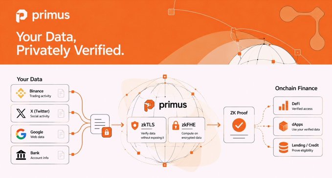 An orange-and-white Primus infographic reads “Your Data, Privately Verified” and illustrates data verification, encryption, and zk proofs for finance.