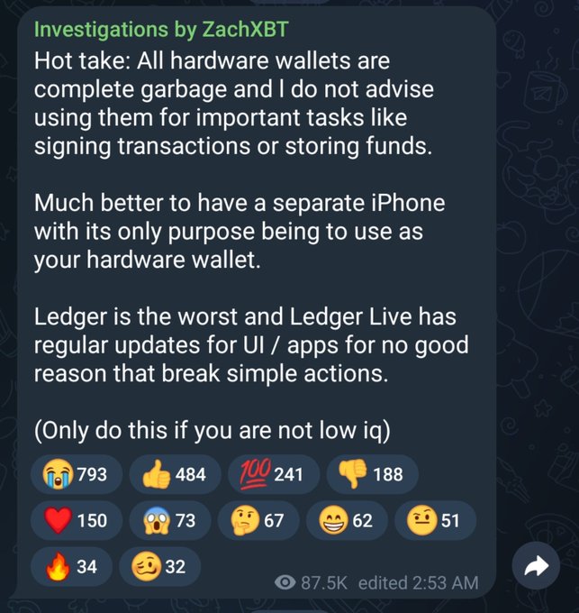 A Telegram post from 'Investigations by ZachXBT' containing a 'hot take' that all hardware wallets are 'complete garbage,' recommending a separate iPhone instead and criticizing Ledger, with various emoji reactions and 87.5K views.