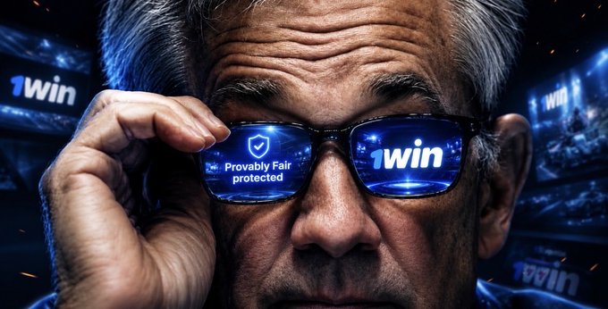 A close-up of a man adjusting glasses that reflect a '1win' logo with 'Provably Fair protected' text, with additional '1win' branding and screens visible in the dark blue background.