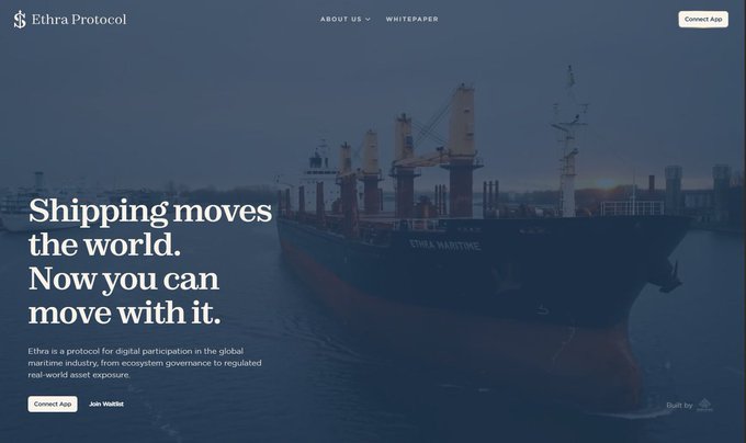Ethera Protocol website homepage with the headline 'Shipping moves the world. Now you can move with it,' describing a protocol for digital participation in the global maritime industry.