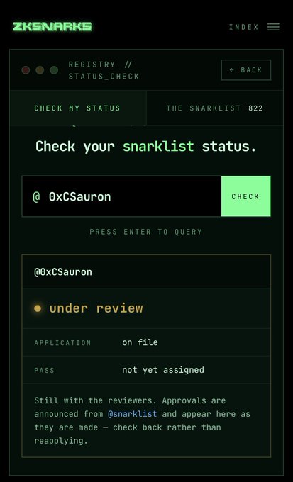 ZKSnarks webpage showing a 'Check your snarklist status' interface with the user @0xCSauron listed as 'under review' with an application on file.