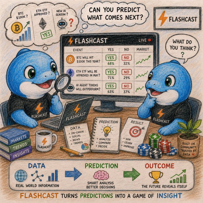 A hand-drawn illustration of two blue sharks at a desk using laptops and a monitor, analyzing prediction markets on the 'FLASHCAST' platform for events like BTC hitting $100K, ETH ETF approval, and AI agent tokens.