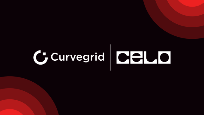 A black banner with red circular accents displays the logos for Curvegrid and Celo side by side.