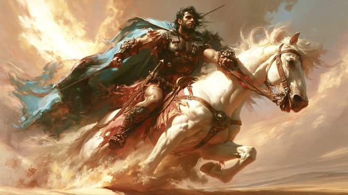 A dynamic digital painting of a warrior in armor and a flowing blue cape riding a galloping white horse through a dusty, sunlit landscape.