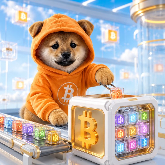 A digital image of a Shiba Inu dog puppy wearing an orange Bitcoin hoodie, working with colorful crypto boxes on a conveyor belt.