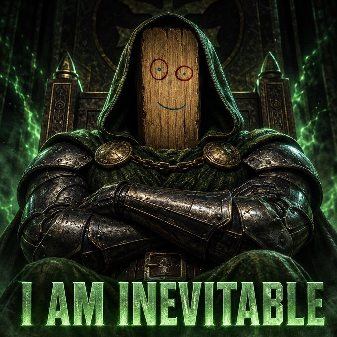 A hooded armored figure with a wooden plank face featuring a smiling expression sits with crossed arms on a throne, with the bold text "I AM INEVITABLE" displayed below.

The image relates to $PLANK by depicting a meme-style character whose literal face is a wooden plank, directly referencing the token's name and embracing the absurdist, wood-themed branding associated with the cryptocurrency.