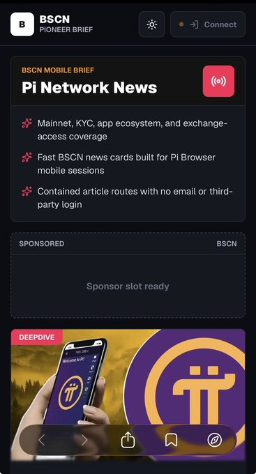 The image shows an open smartphone screen displaying a news app with a section titled "PI BROWSER" and another section titled "BSC NEWS IS OFFICIALLY LANDING ON PI BROWSER @BSCNews is a well-known crypto news outlet in the market, but what I find truly interesting is that they're not just covering Pi, they're actively building a dedicated version for Pi Browser". The image also includes a hand holding a cell phone and a button with an "action" label.