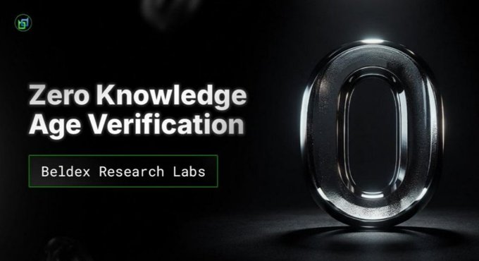 A dark promotional graphic for 'Beldex Research Labs' featuring 'Zero Knowledge Age Verification' text and a large metallic '0' symbol.