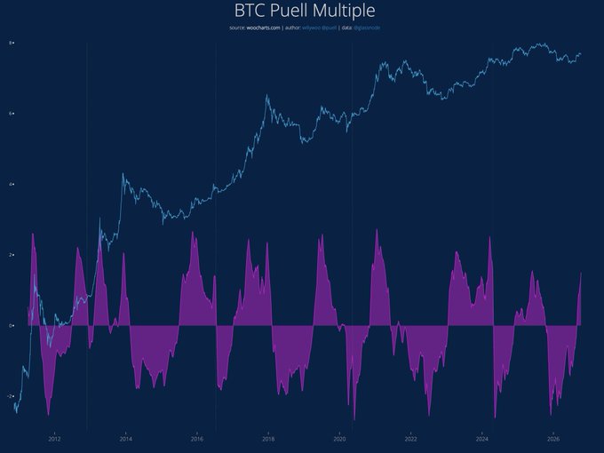 The image is a chart titled "BTC Puell Multiple" showing Bitcoin's Puell Multiple (in magenta) overlaid with price data (in blue) from approximately 2012 to 2026, sourced from woodcharts.com. The Puell Multiple oscillates around zero with periodic spikes that historically coincide with market cycle peaks and troughs, currently showing moderate readings consistent with the described "early bull market" long-range structure and "sideways grind" local structure.