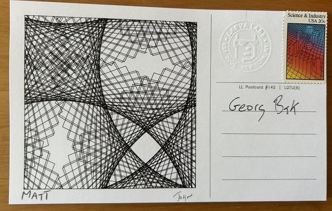 A postcard featuring intricate black geometric line art by an artist signed 'MATT', addressed to 'Georg B.K' with a 'Science & Industry' USA 30c stamp.