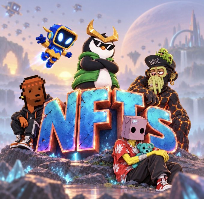 A colorful digital illustration featuring the text "NFTS" with various cartoon-style NFT characters, including a blue robot, a penguin with sunglasses, and a Bored Ape, set against a fantasy landscape.