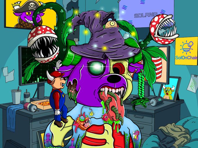 A colorful illustration featuring a large purple monster-like figure surrounded by carnivorous plants, with a small cowboy character, Mario, and SolOnChair and SOLANA branding visible.