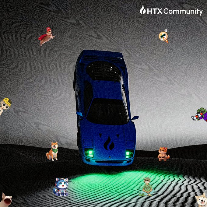 An HTX Community promotional image featuring a blue sports car surrounded by various NFT/crypto mascots including a frog, dog, cat, and Pepe characters in a desert landscape.