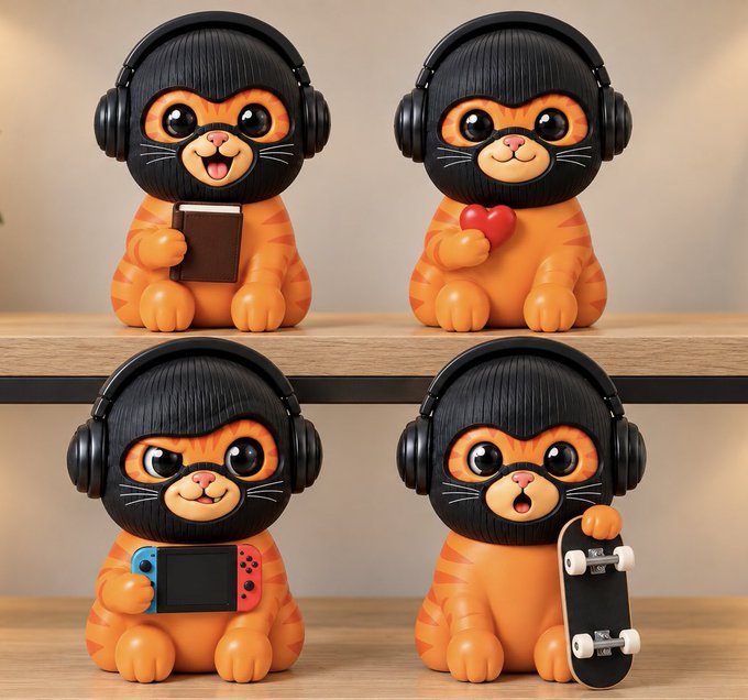 Four orange cat figurines wearing black hoods and headphones, displayed on shelves holding a chocolate bar, a heart, a Nintendo Switch, and a skateboard.