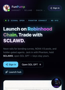 A dark-themed website screenshot for FunPump showing 'Launch on Robinhood Chain. Trade with $CLAWD,' noting features like signal open, Phantom connect, and no KYC requirements.