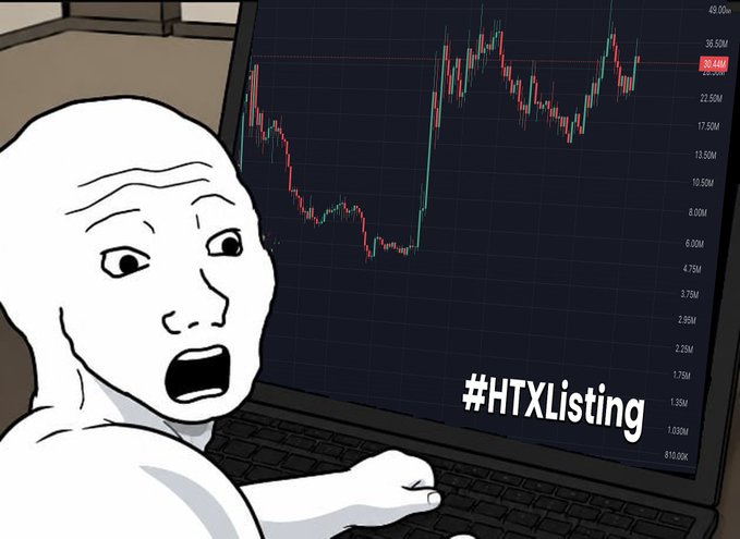 A 'Wojak' meme character stares in shock at a laptop displaying a cryptocurrency price chart with the hashtag '#HTXListing.'