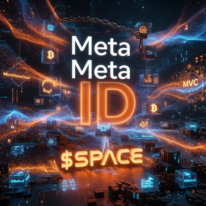 The image features an advertisement for a cryptocurrency called "MetaWeb" that uses a futuristic cityscape as its backdrop. The city is filled with floating cubes of various sizes, representing different cryptocurrencies. These cubes are interconnected by chains, symbolizing the blockchain technology behind the MetaWeb. The text in the image reads "MetaID", which is likely related to the MetaWeb project or a specific cryptocurrency within it.