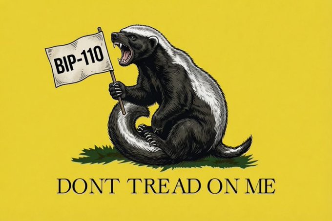 An illustrated honey badger snarls while clutching a "BIP-110" flag, paired with the text "DONT TREAD ON ME" against a yellow background—visually reinforcing the post's rallying cry against centralized financial power grabbing control of Bitcoin.