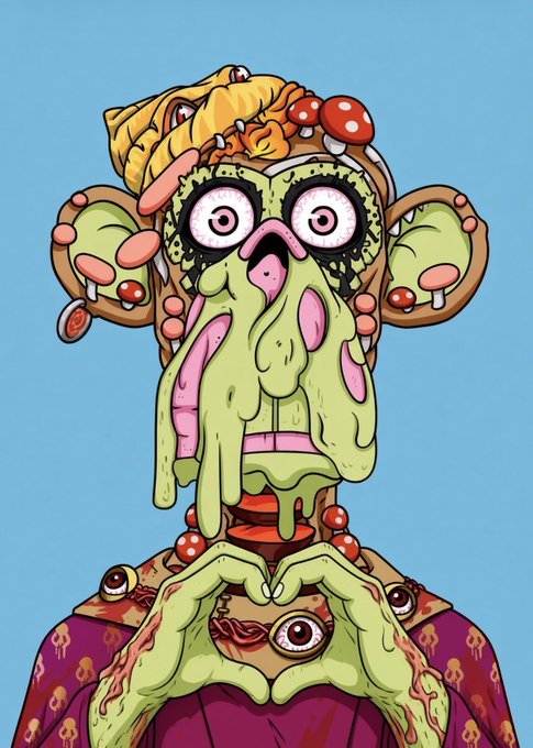 A colorful cartoon monster with green slime, large pink eyes, mushroom-like ornaments, clawed hands, and a purple robe faces forward against a blue background.