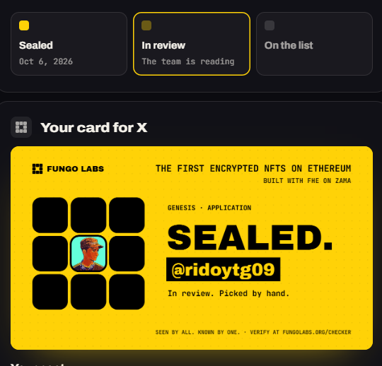 A digital card interface from Fungo Labs showing a yellow 'SEALED' card for the username @ridoytg09 with the status 'In review. Picked by hand.'