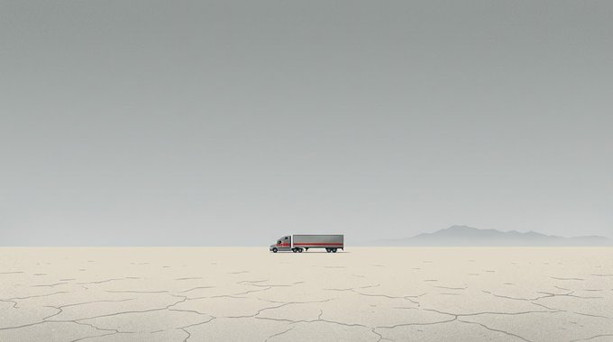 A solitary red and white semi-truck traverses a vast, cracked desert landscape under a hazy pale sky, with distant mountains barely visible on the horizon. The image evokes a sense of isolation and difficult journey, metaphorically mirroring the post's discussion of LightPath Technologies ($LPTH) navigating challenging terrain with its Germanium technology following the DOW Clear award.