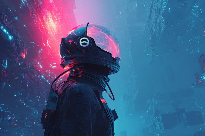 A cyberpunk-style digital illustration of a figure in a futuristic helmet with a glowing cyan visor, set against a neon-lit sci-fi cityscape in pink and blue tones.