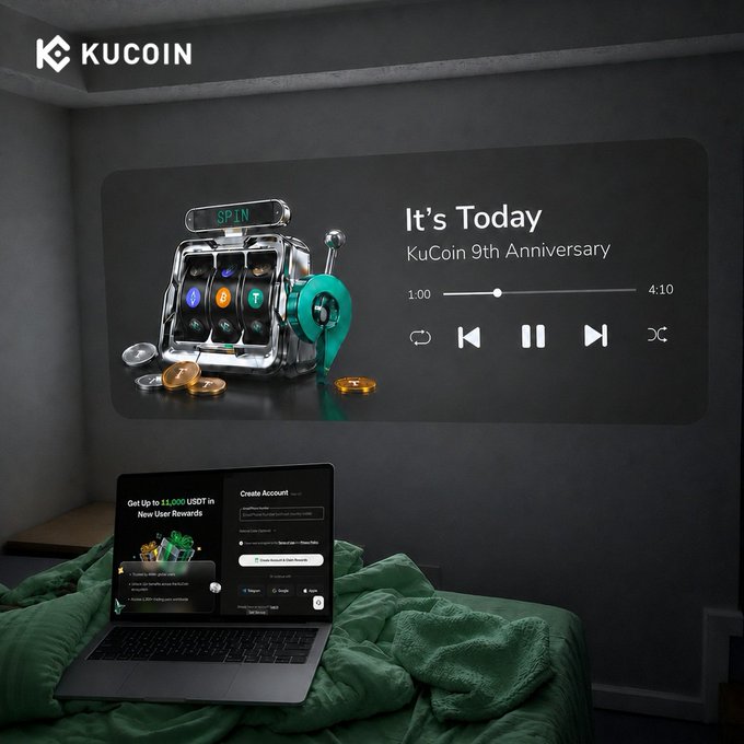 A laptop on a green blanket displays the KuCoin sign-up page, while a large screen on the wall behind it streams "It's Today - KuCoin 9th Anniversary," reinforcing the post's "#KuCoin9th" and "#9YearsOfKuCoin" celebration theme.