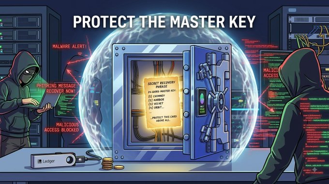 A cryptocurrency-themed illustration titled 'PROTECT THE MASTER KEY' depicts hooded figures attempting to access a secure vault containing a 'SECRET RECOVERY PHRASE' for Ledger, with warnings about malware and phishing.