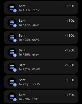 The image displays a series of seven "Sent" transaction confirmations, each showing -1 SOL being transferred to various truncated wallet addresses (e.g., To AUuR...oB1V, To A4NA...Xjxx, To 49Se...6Gy3, To F89R...qvzy, To 72tY...WjvW, To 97qo...bDHM, To 27BA...t19k). This appears to be evidence of fulfilling the promotional post's requirement of sending 1 SOL to multiple tagged wallet addresses, likely as part of an airdrop or giveaway request.
