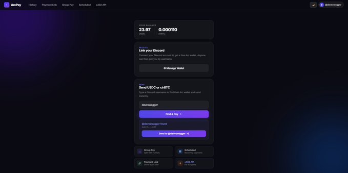 The image features an online interface for a crypto payment platform, with various features such as sending USDC or cirBTC via Discord usernames, creating payment links instantly, splitting payments into different groups (Group Pay), and automating transactions using Group Pay. The goal of this new interface is to make the process of sending and receiving cryptocurrency payments feel clean, fast, and familiar by making it quick, easy, and simple for users.