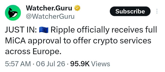 A tweet from Watcher.Guru (@WatcherGuru) announcing "JUST IN: Ripple officially receives full MiCA approval to offer crypto services across Europe," posted at 5:57 AM on July 6, 2026, with 95.9K views. The image supports the post's claim about Ripple's regulatory progress in Europe, framing it as a milestone toward surpassing Bitcoin.